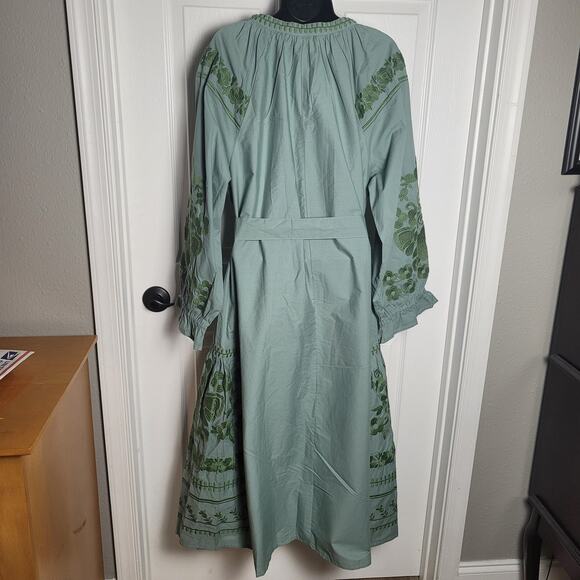 Julia Amory Dress Womens 2XL Green Coatue Caftan Embroidered Boho Maxi Belted - Picture 7 of 13